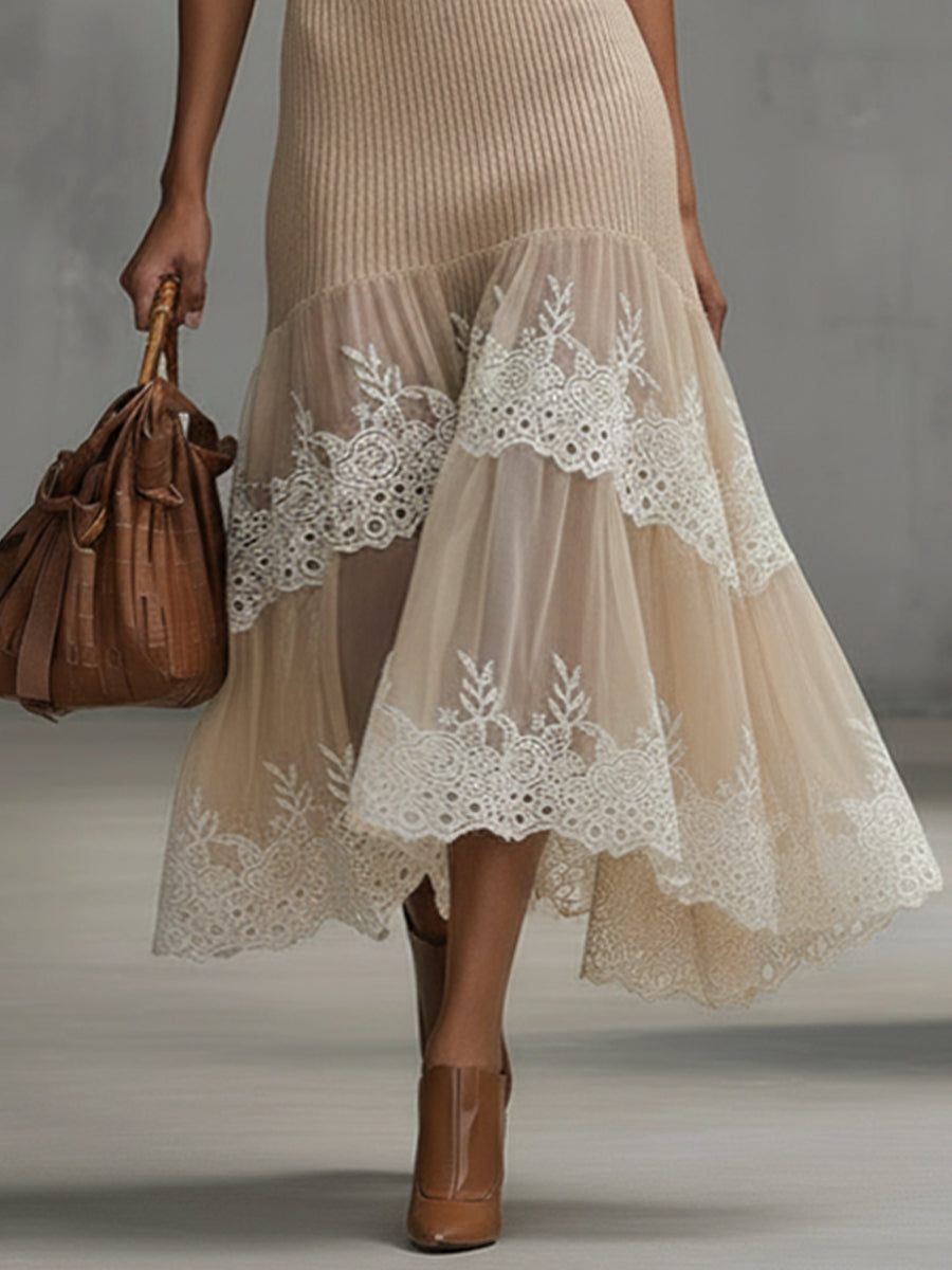 Beige Sleeveless High Neck Knit Maxi Dress With Chiffon Lace Hem