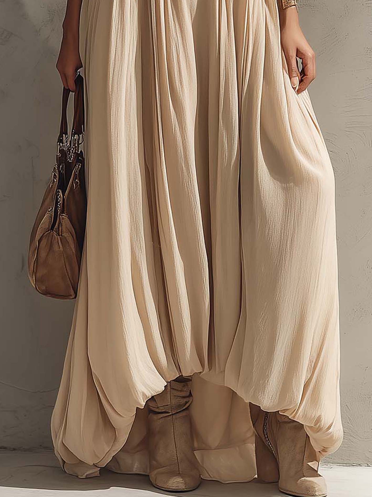 Beige Chiffon Maxi Dress With Brown Embroidered V-Neck