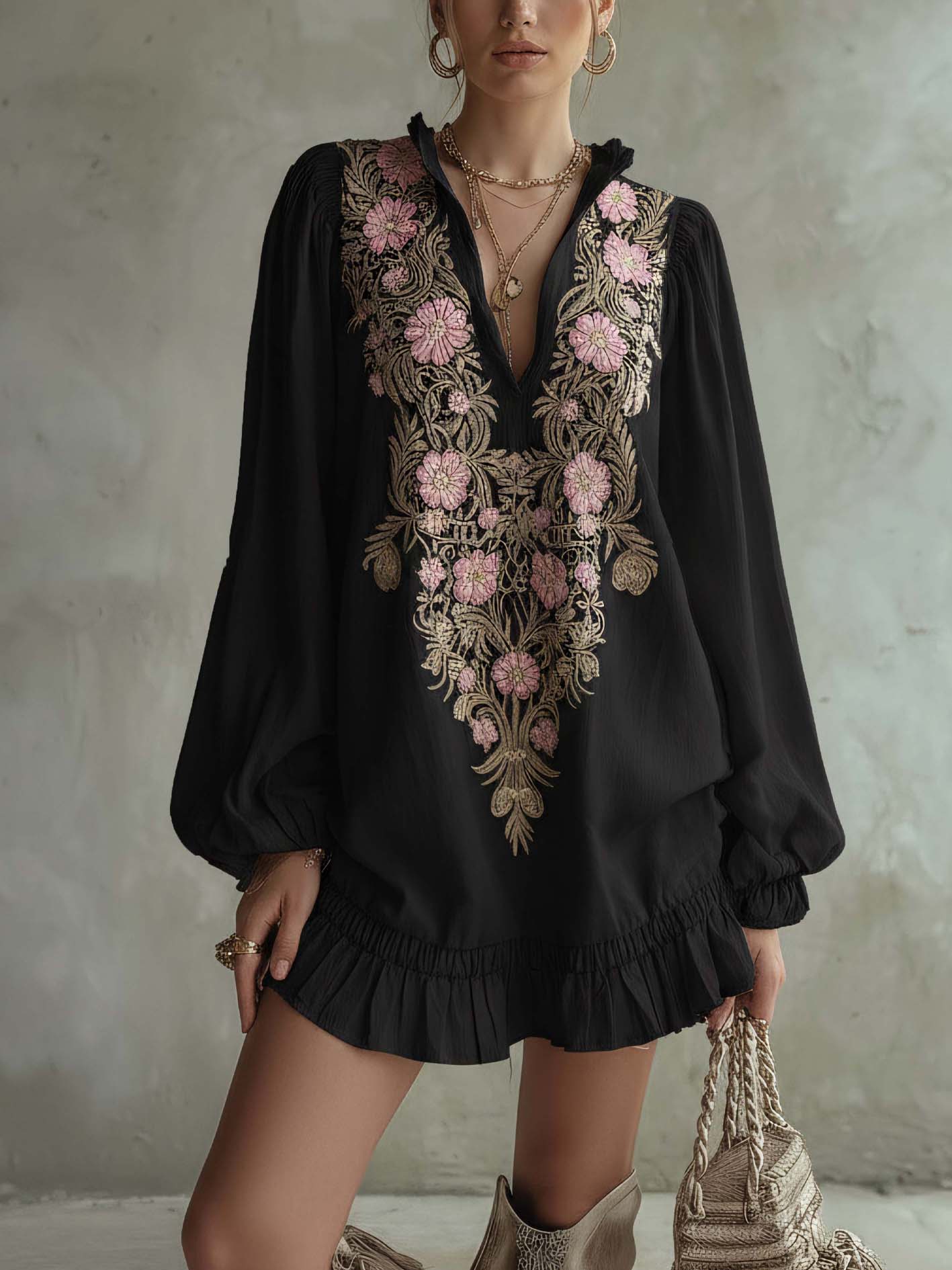 Black Cotton-Linen Embroidered Floral Ruffle Mini Dress