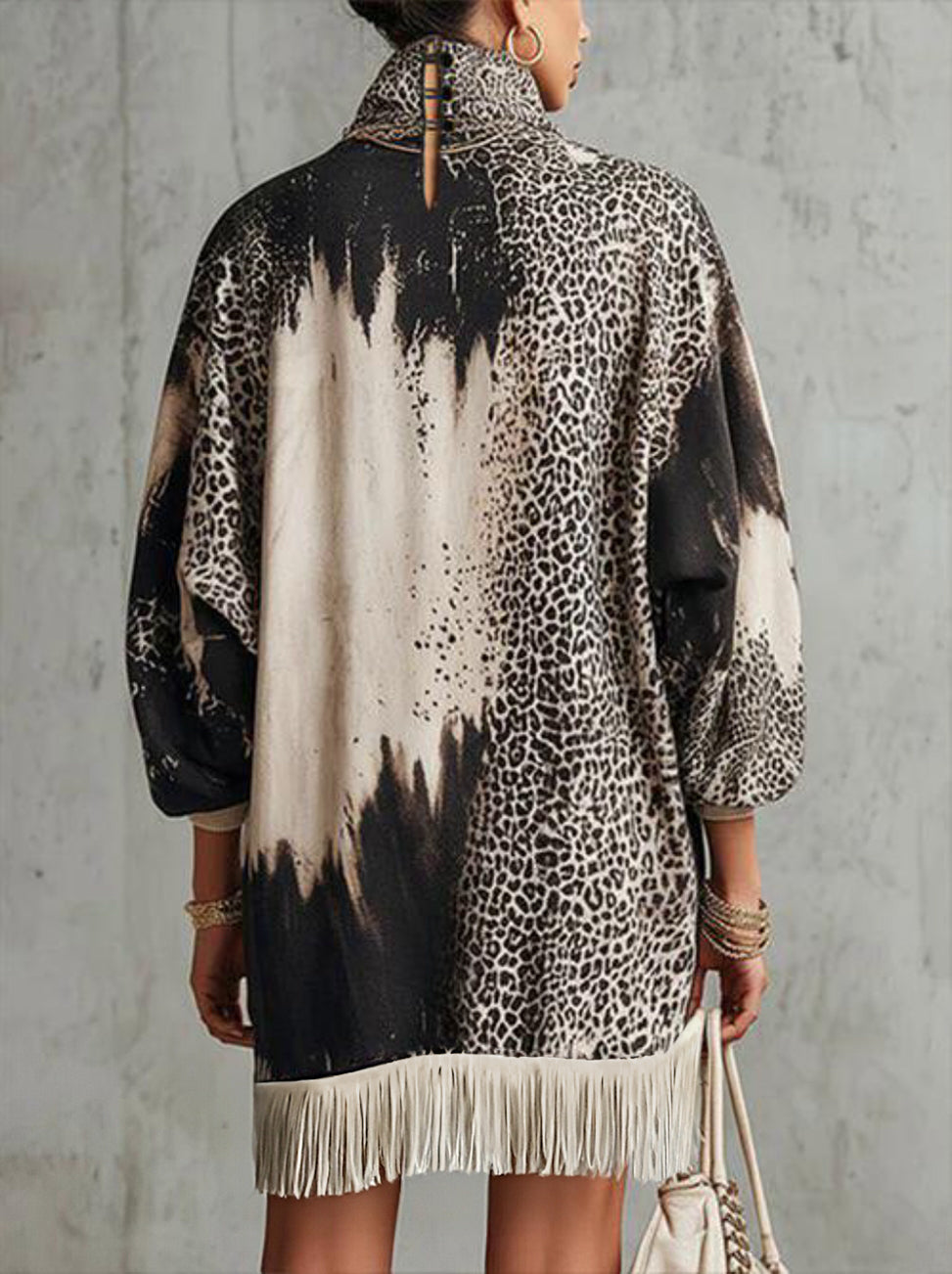 Gray Leopard Print Turtleneck Fringe Hem Faux Suede  Dress