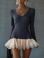 Black Chic Knit And Lace Contrast Dress