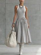 Gray Ribbed Tank Bodice Draped Midi Dress