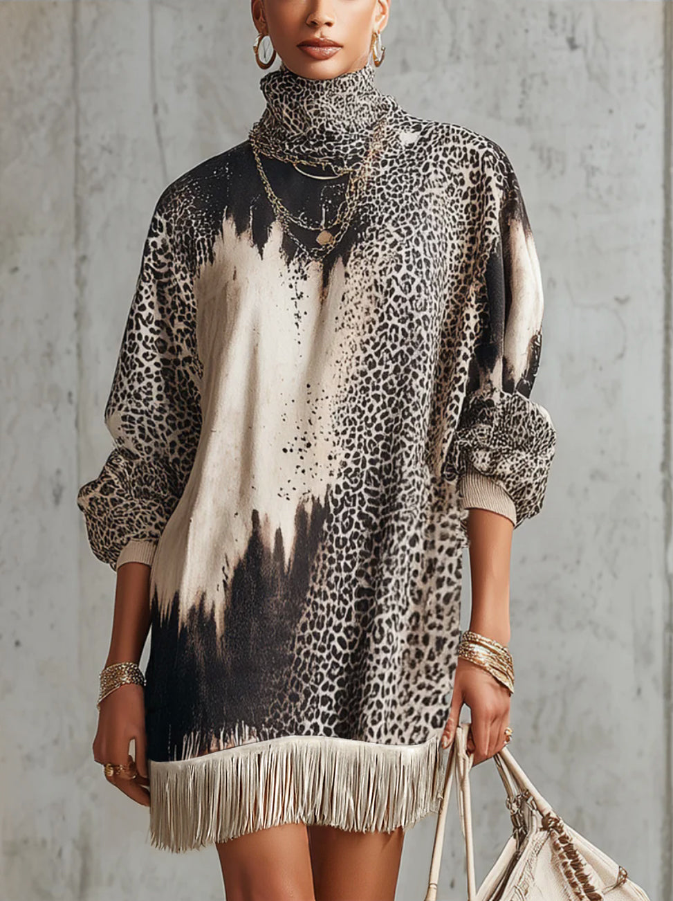 Gray Leopard Print Turtleneck Fringe Hem Faux Suede  Dress