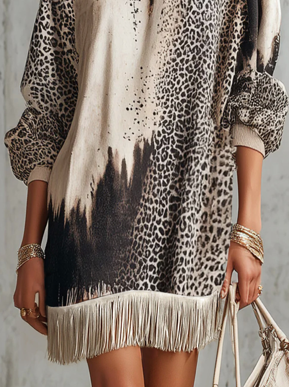 Gray Leopard Print Turtleneck Fringe Hem Faux Suede  Dress
