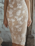 24-Hour-Shipping Light Beige Lace V-neck Short Sleeve Bodycon Dress