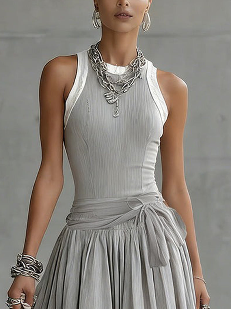 Gray Ribbed Tank Bodice Draped Midi Dress