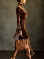 Brown Velvet Turtleneck Cutout Fringe Long Sleeve Bodycon Dress