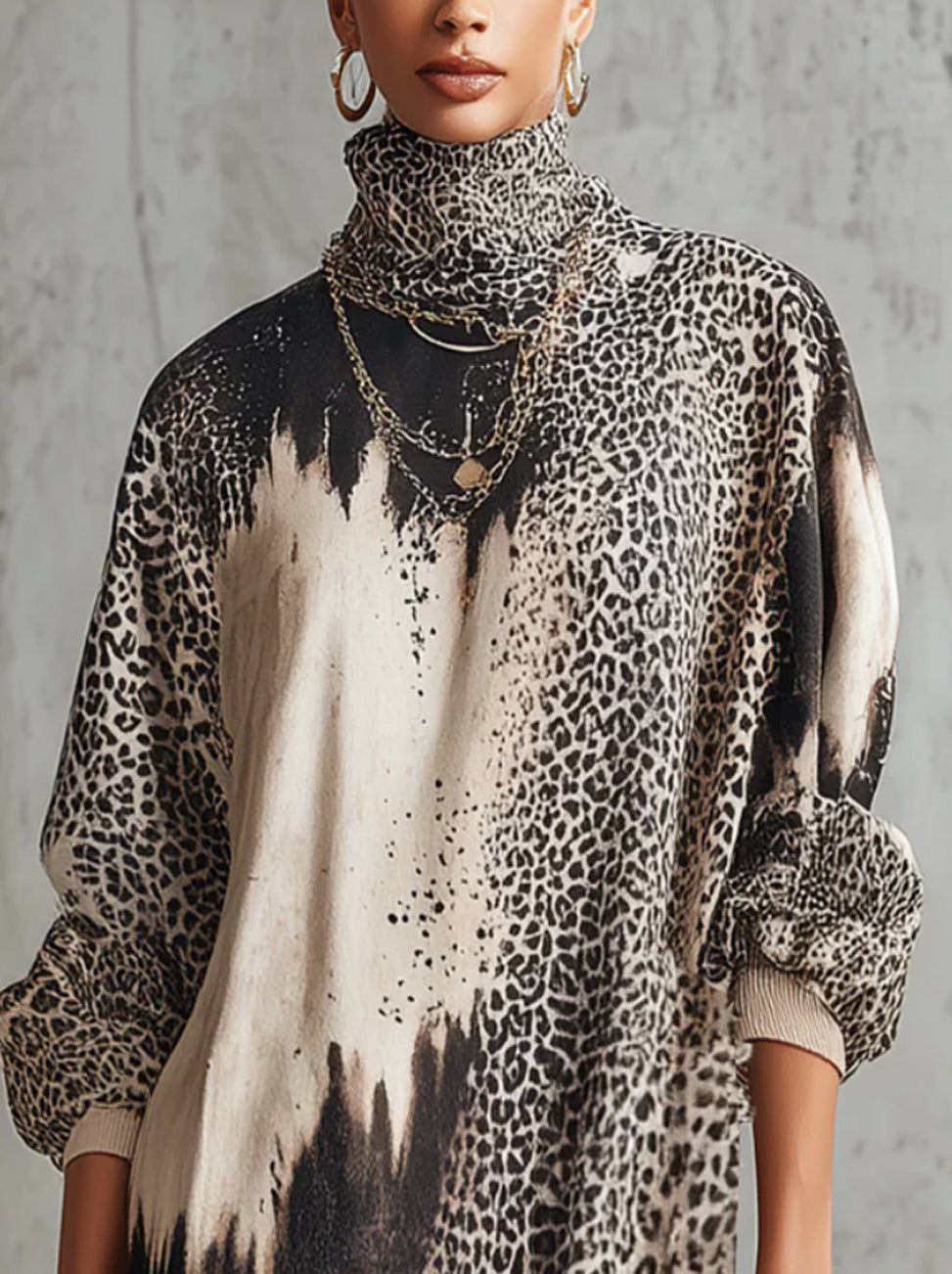 Gray Leopard Print Turtleneck Fringe Hem Faux Suede  Dress