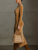 Camel Velvet Openwork Long Sleeve Bodycon Dress
