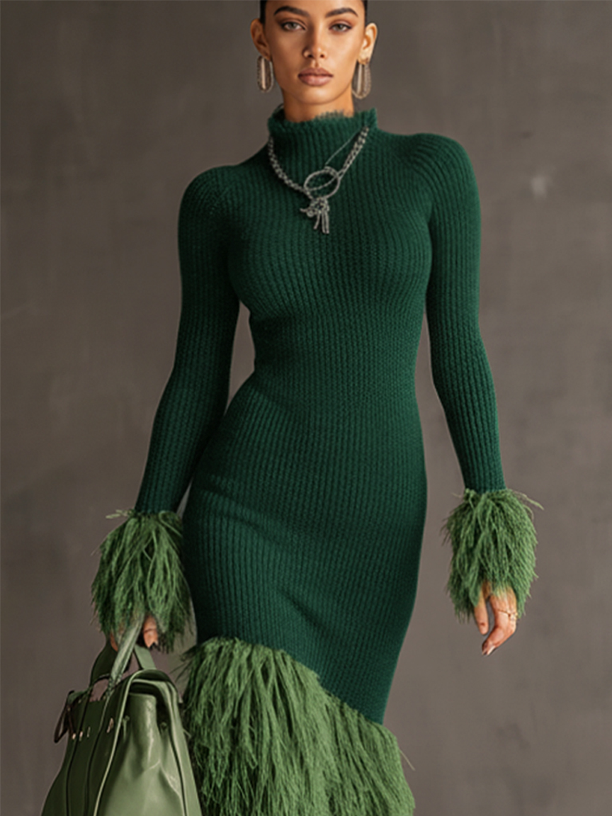 Emerald Knit Patchwork Eco Faux Fur Long Sleeve Bodycon Dress
