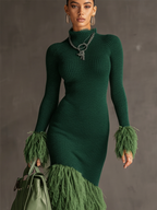 Emerald Knit Patchwork Eco Faux Fur Long Sleeve Bodycon Dress