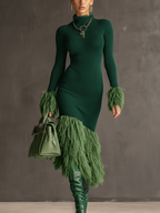 Emerald Knit Patchwork Eco Faux Fur Long Sleeve Bodycon Dress