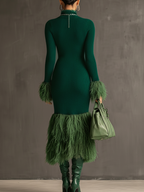 Emerald Knit Patchwork Eco Faux Fur Long Sleeve Bodycon Dress