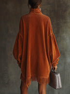 24-Hour-Shipping Orange Corduroy Loose Tassel Hem High Collar Dress
