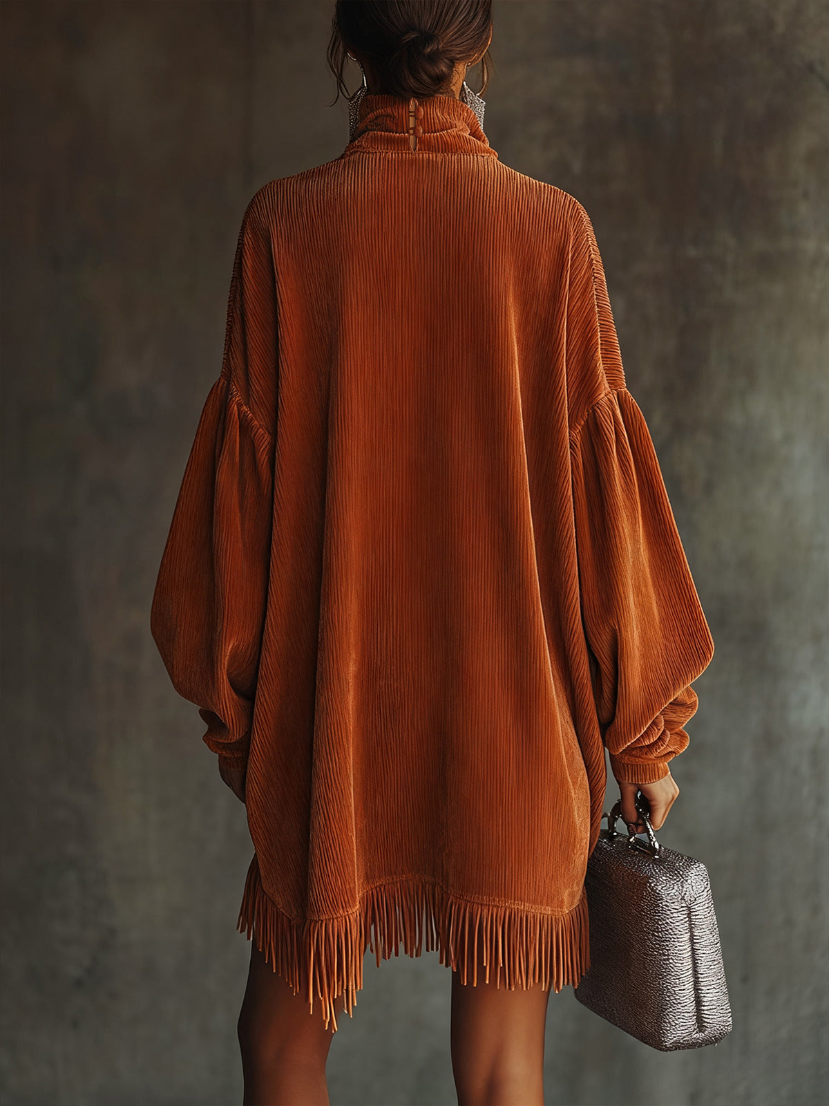 24-Hour-Shipping Orange Corduroy Loose Tassel Hem High Collar Dress