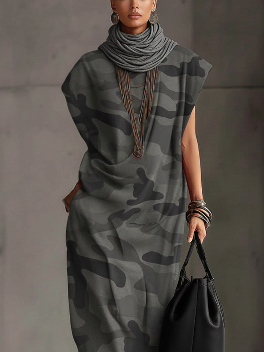 Gray Camo Sleeveless Turtleneck Maxi Dress