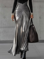 Black Round Neck Metallic Silver Pleated Maxi Dress