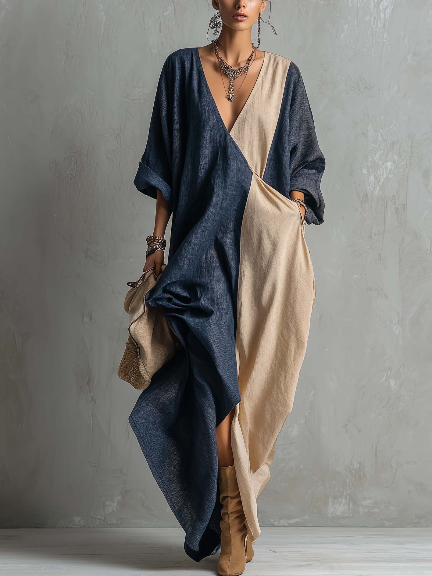 Deep Blue Contrast Linen Cotton Maxi Dress