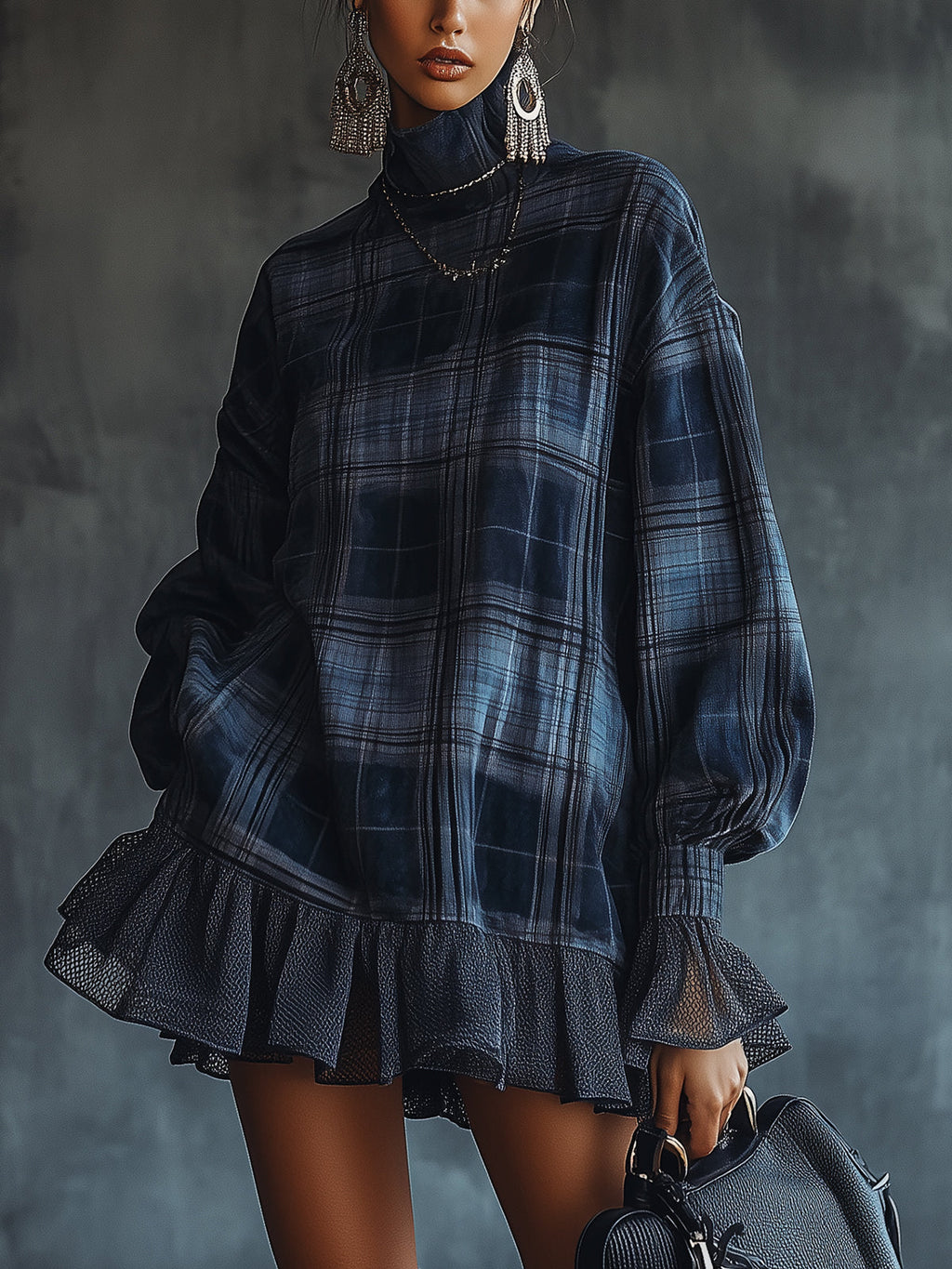 Midnight Plaid Ruffle Hem Turtleneck Dress