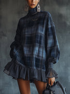 Midnight Plaid Ruffle Hem Turtleneck Dress
