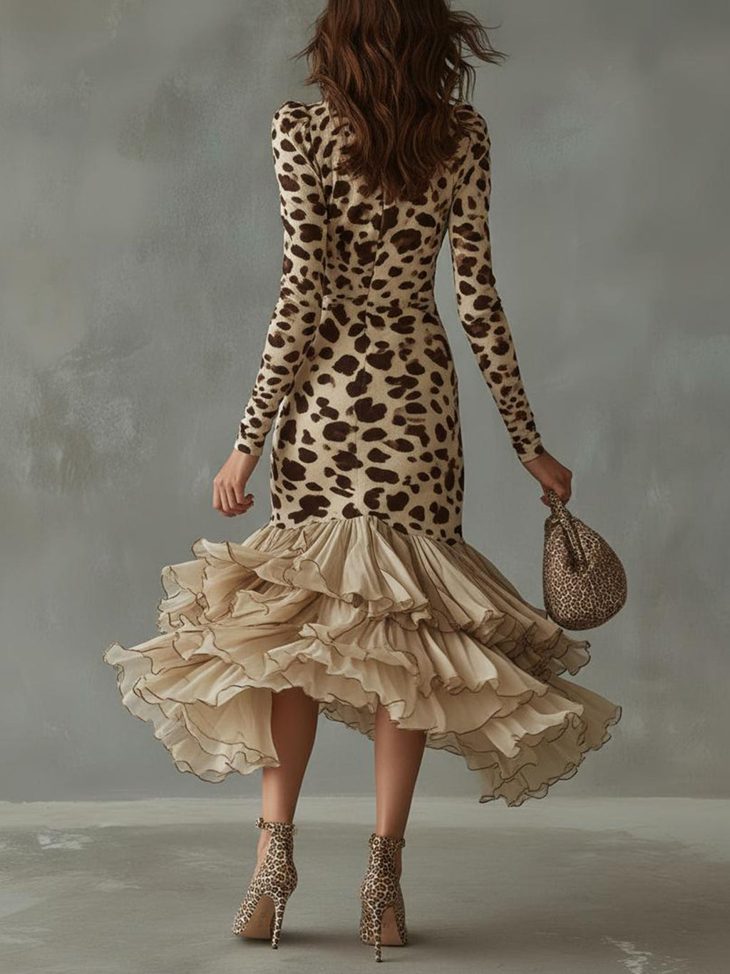 24-Hour-Shipping Leopard Print Ruffled High Low Midi Dress