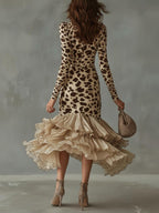 24-Hour-Shipping Leopard Print Ruffled High Low Midi Dress