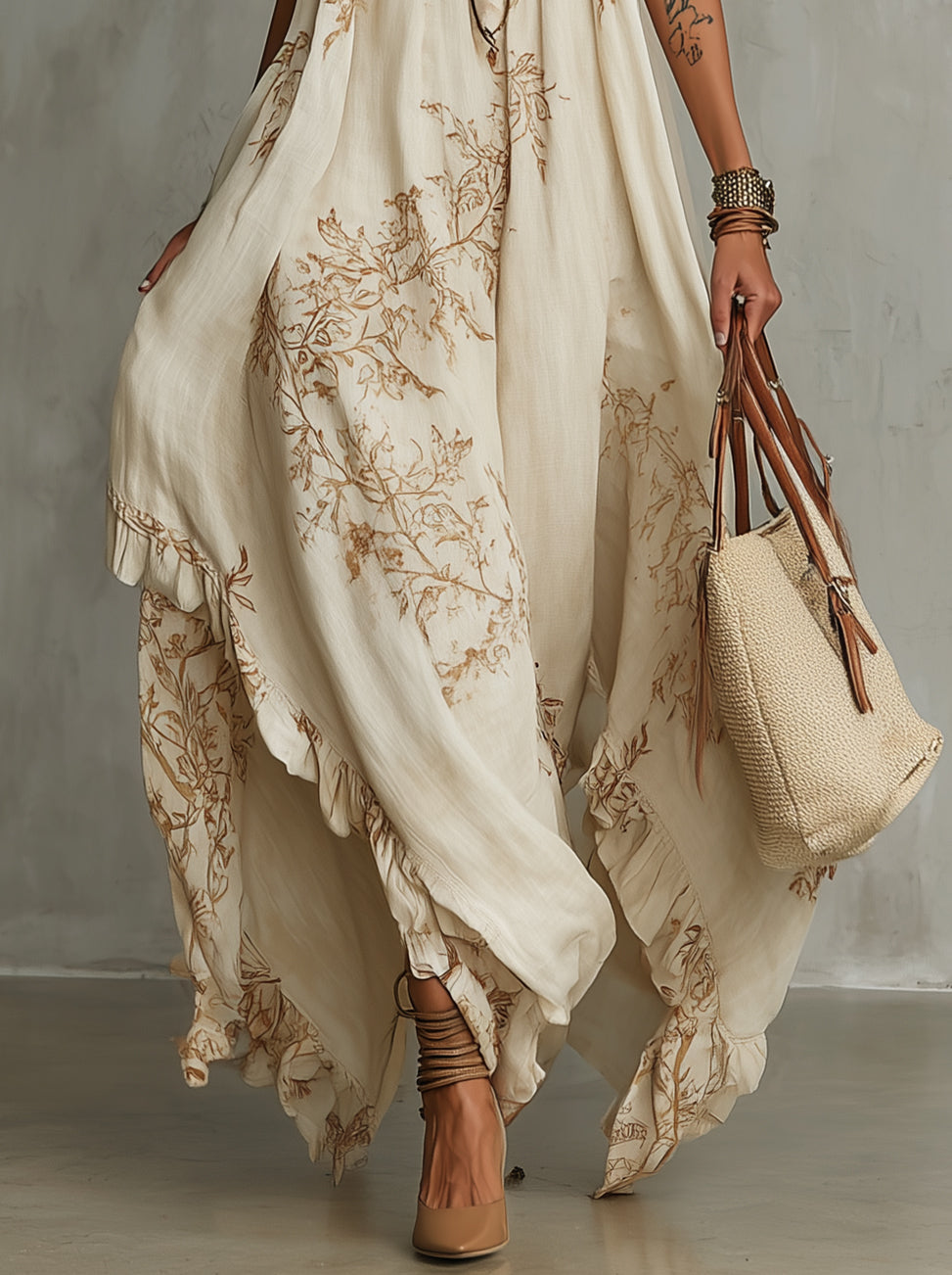 Beige Floral Print Halter Neck Boho Maxi Dress