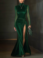 Emerald Green Velvet Mesh Sleeve High Slit Maxi Dress