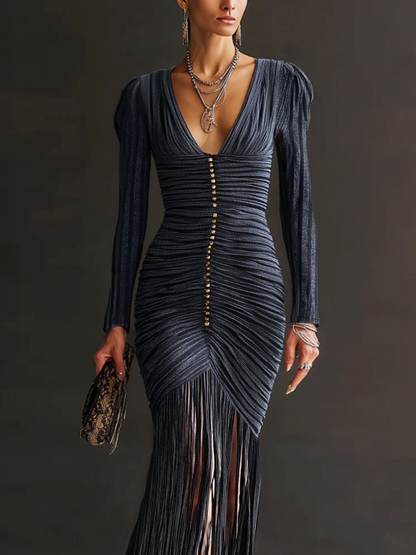 Midnight pleated tassel V-neck fitted button Bodycon Dress