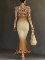 Light Brown Leopard Print Ombre Knit Fringed Hem Maxi Dress