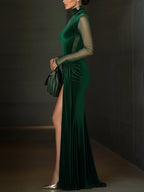 Emerald Green Velvet Mesh Sleeve High Slit Maxi Dress