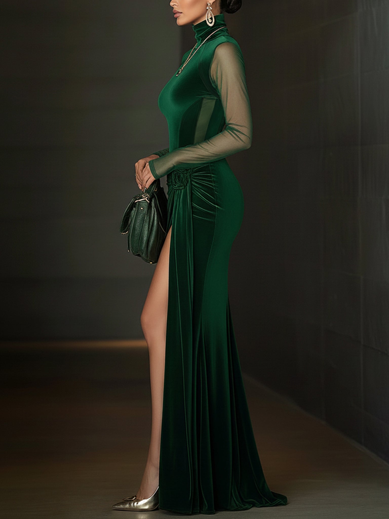 Emerald Green Velvet Mesh Sleeve High Slit Maxi Dress