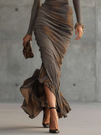 Brown Leopard Print Pleated Cutout Maxi Dress