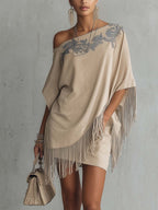 Beige Faux Suede One Shoulder Embroidered Fringe Mini Dress
