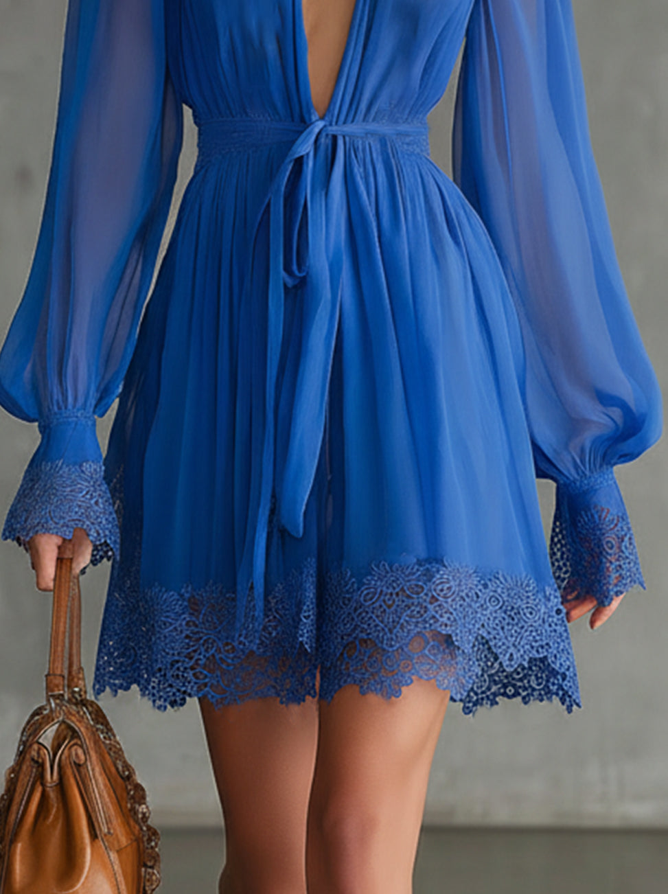 Blue Deep V-Neck Lace Trim Chiffon Mini Dress