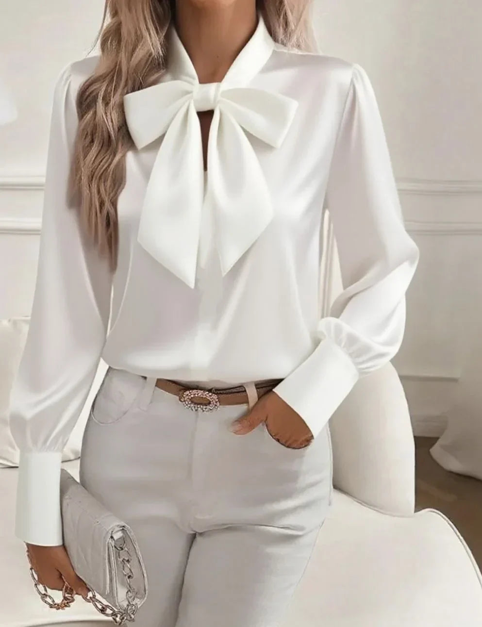 Amelia | Satin Bow-Tie V-Neck Blouse