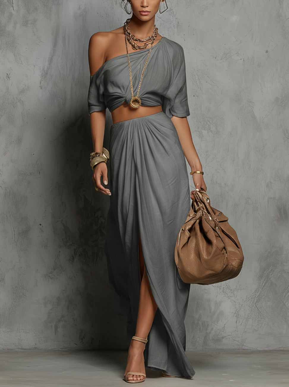 Gray One-Shoulder Cutout Maxi Dress Set