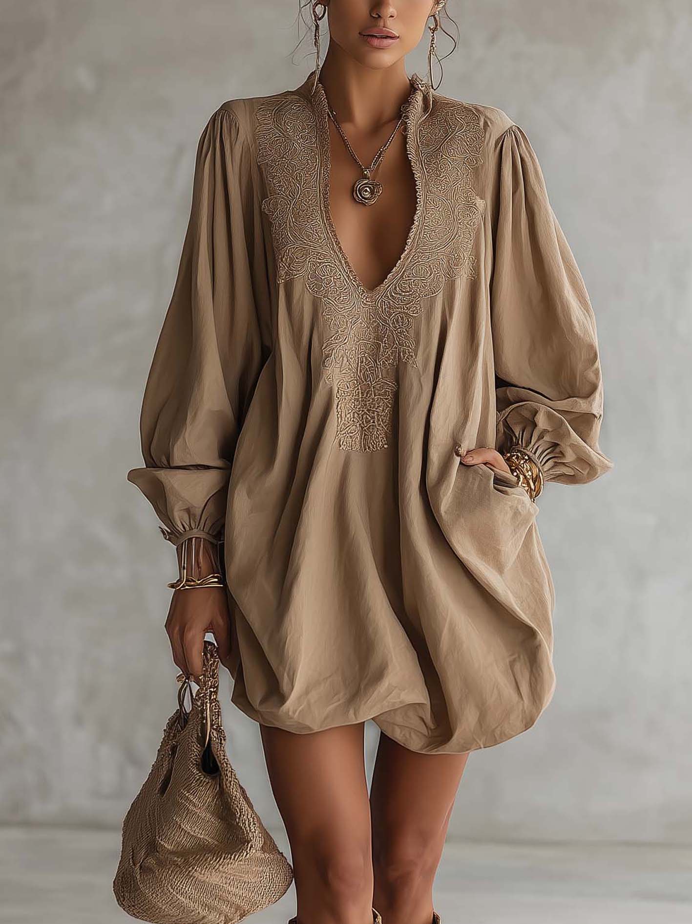 Khaki Vintage Embroidered Cotton Linen Bubble Hem Mini Dress