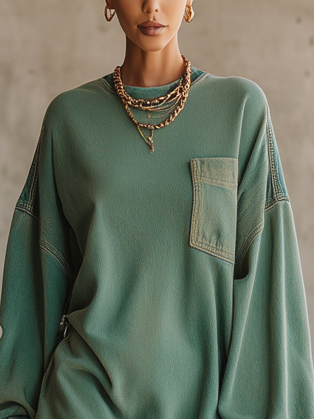 Green Denim Oversized Pocket Frayed Hem Mini Dress