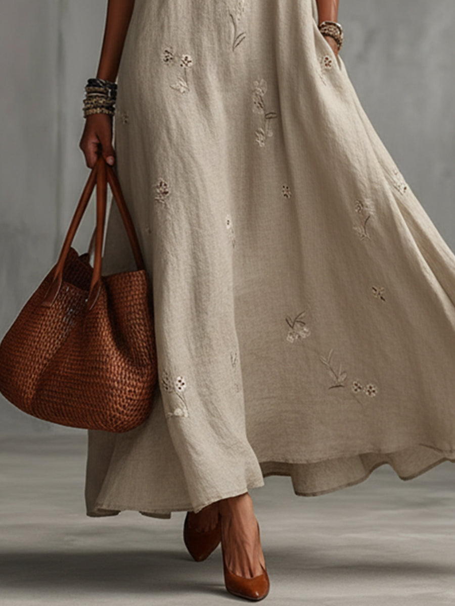 Beige Linen Blend Embroidered Hollow Out Maxi Dress