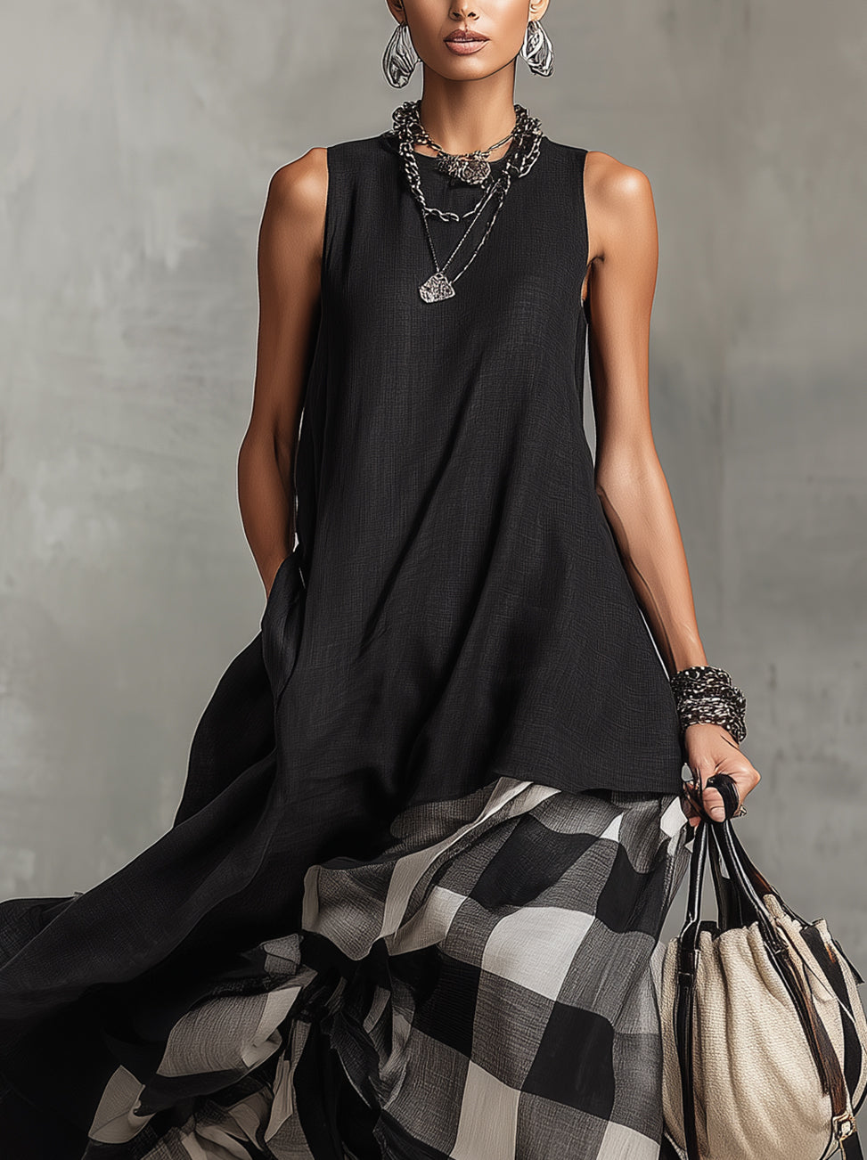 Black Sleeveless Layered Maxi Dress With Plaid Ruffle Hem
