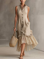 Beige Sleeveless Button-Front Linen Dress With Lace High-Low Hem