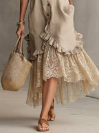 Beige Sleeveless Button-Front Linen Dress With Lace High-Low Hem