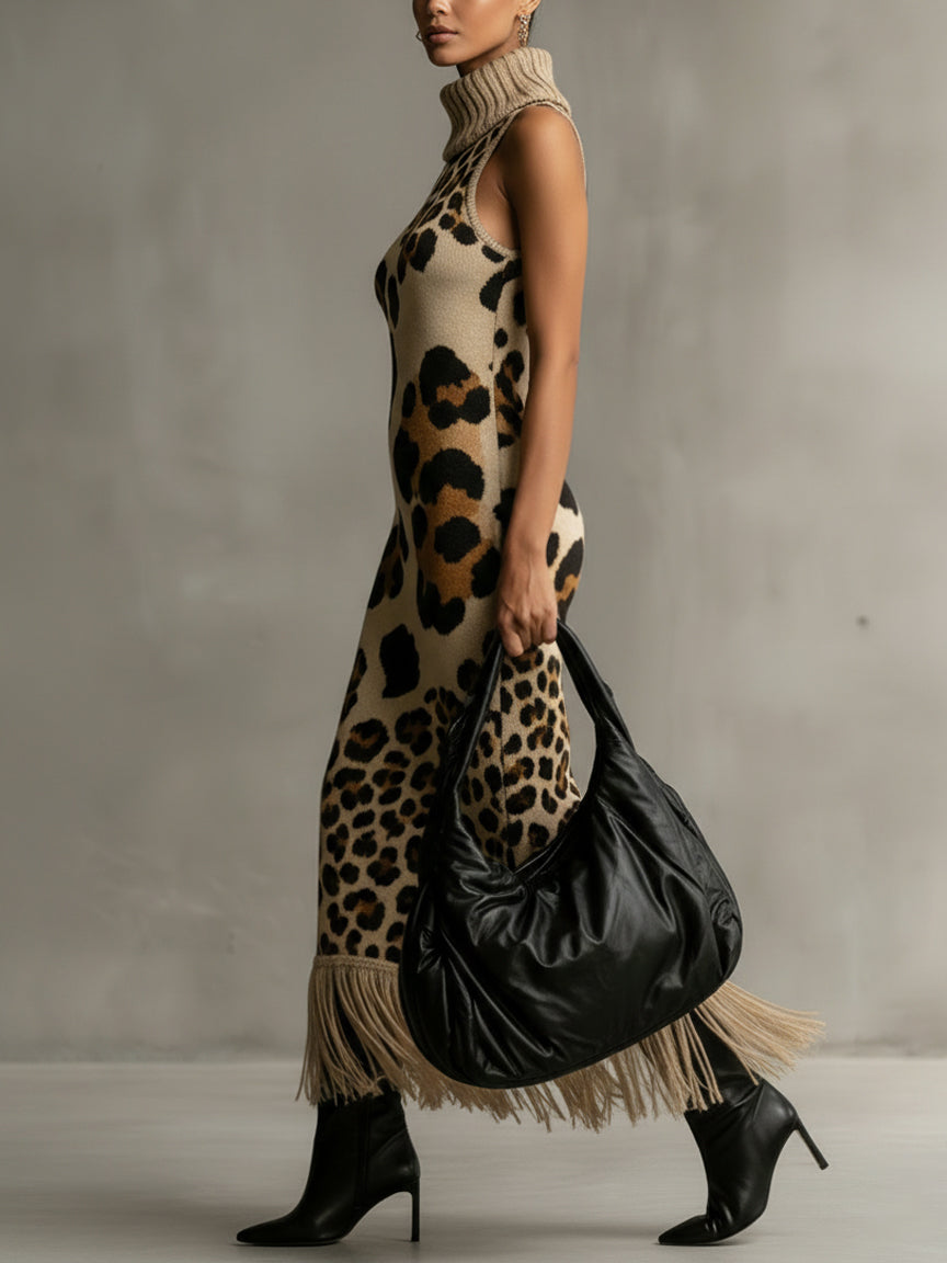 Brown Irregular Leopard Print Knitted Tassel Sleeveless Maxi Dress