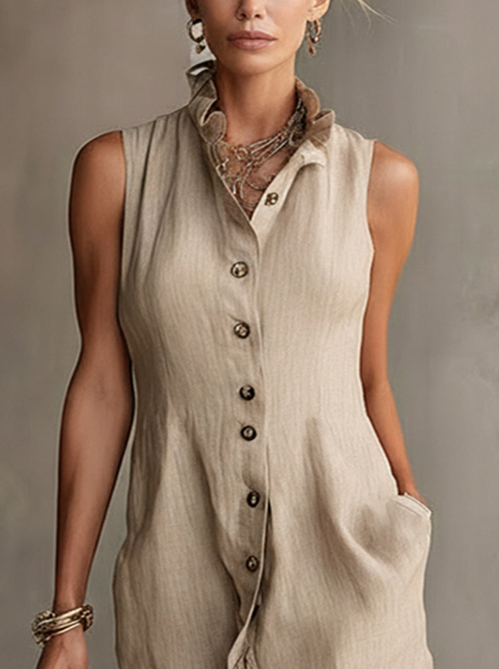 Beige Sleeveless Button-Front Linen Dress With Lace High-Low Hem