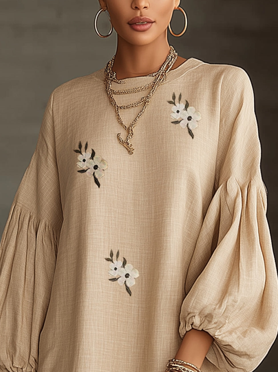 Beige Floral Embroidered Fringe Hem Puff Sleeve Linen Mini Dress