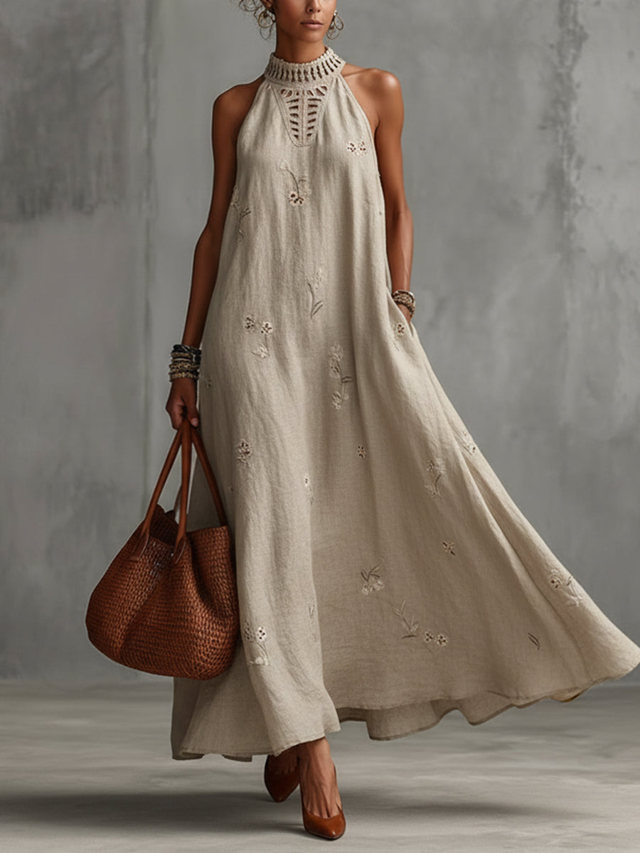 Beige Linen Blend Embroidered Hollow Out Maxi Dress