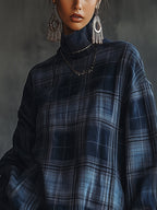 Midnight Plaid Ruffle Hem Turtleneck Dress