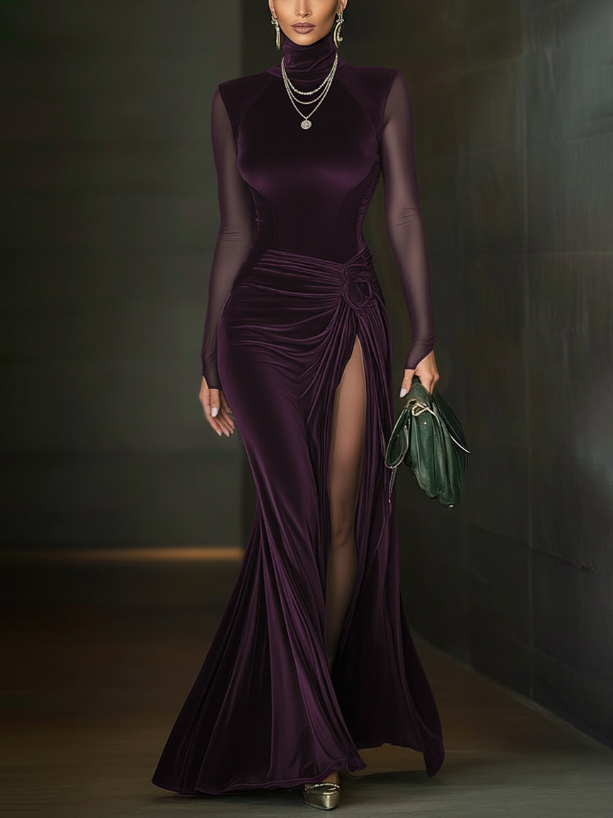 Emerald Green Velvet Mesh Sleeve High Slit Maxi Dress