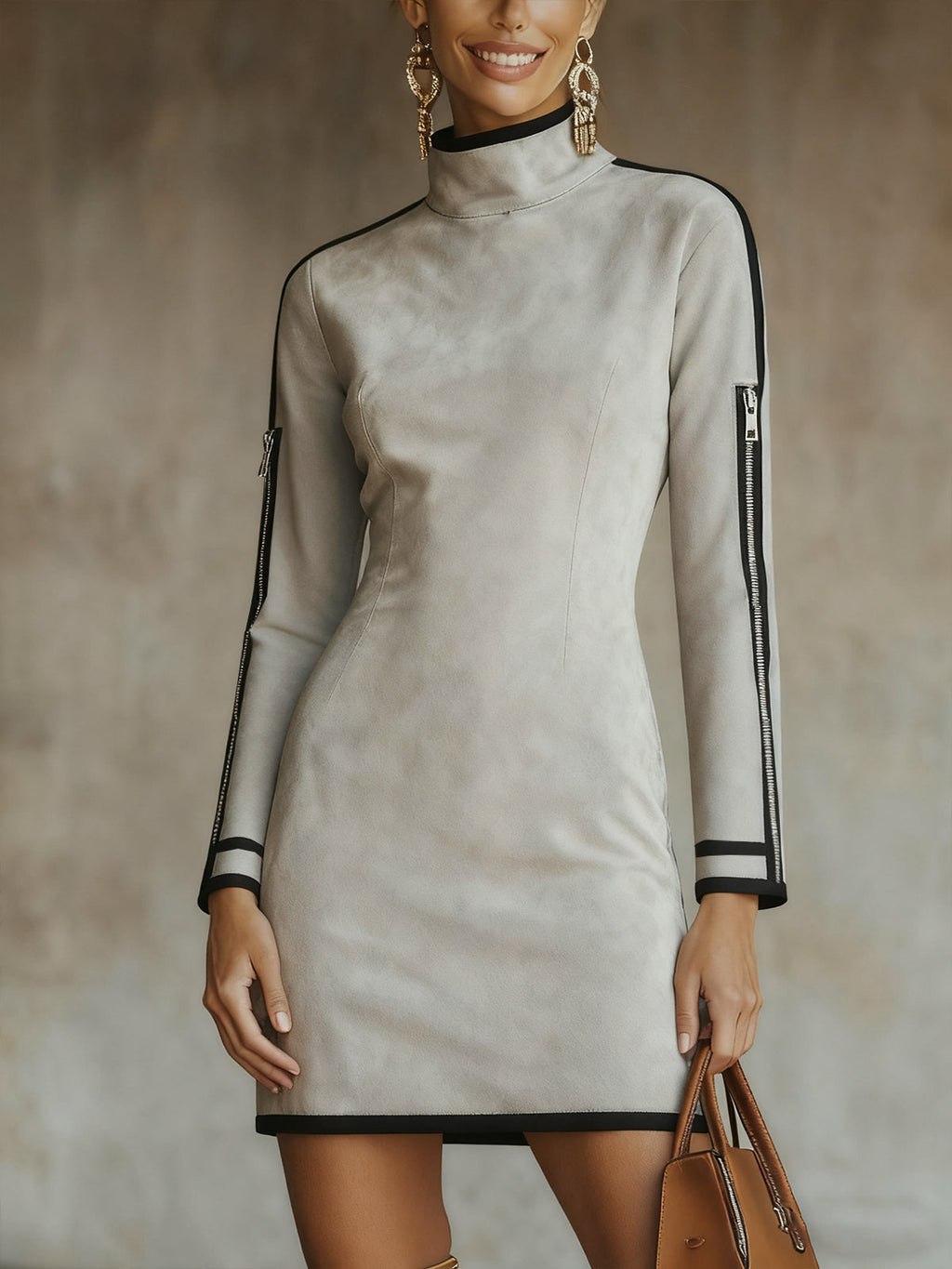 24-Hour-Shipping Gray Faux Suede Mock Neck Mini Dress With Zip Sleeve Detail